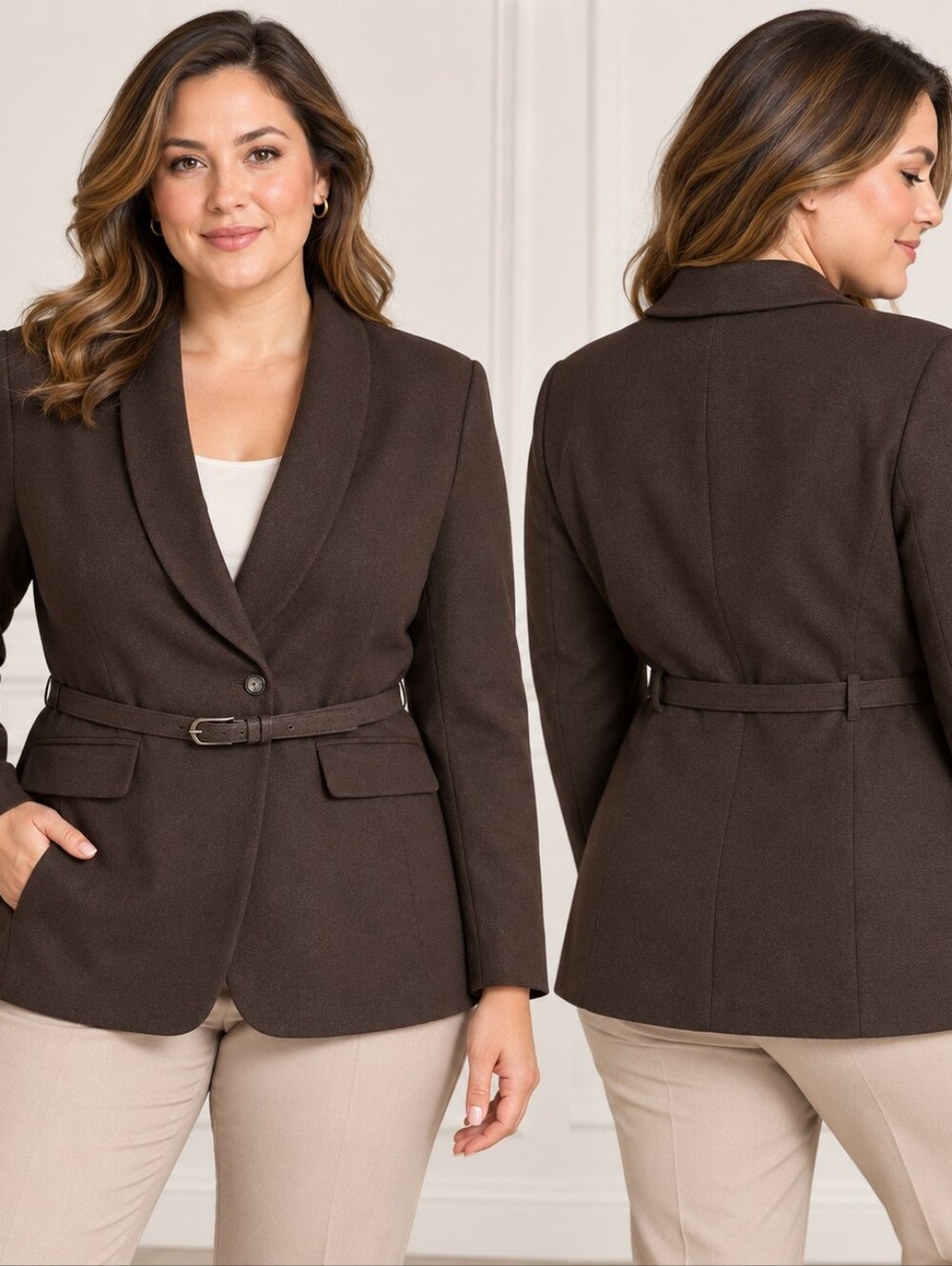 Jones New York Petite 12P Brown 100% Wool Belted Blazer Contemporary Classic Qui